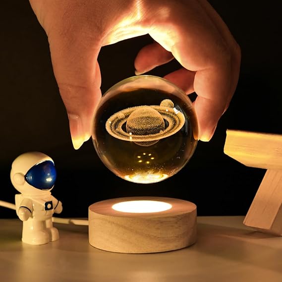 3D Galaxy Space Crystal Ball Night Light with Wooden Stand