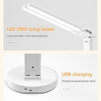 Foldable Double Head LED Reading Desk Lamp | 3-Level Touch Dimmable USB Rechargeable Night Light